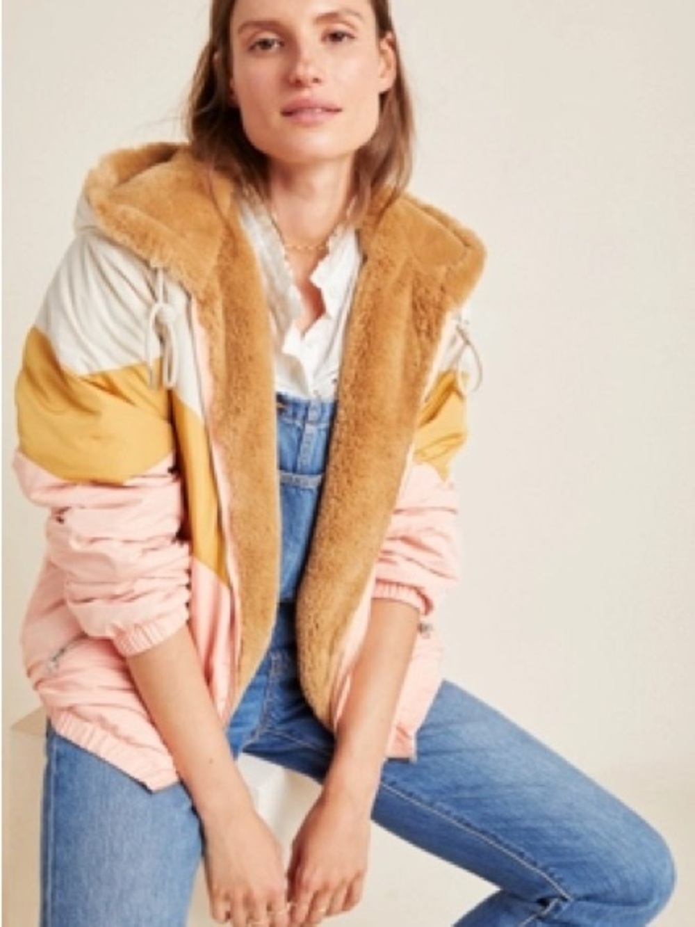 Anthropologie Colorblock Faux-Fur Hooded Puffer in Pink, Mustard & Cream